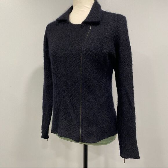 EILEEN FISHER S Black Cats Mohair Moto Sweater Jacket Asymmetrical Zip: Flaw - Picture 4 of 16